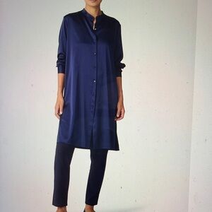 Stretch Silk Charmeuse Band Collar Long Shirt